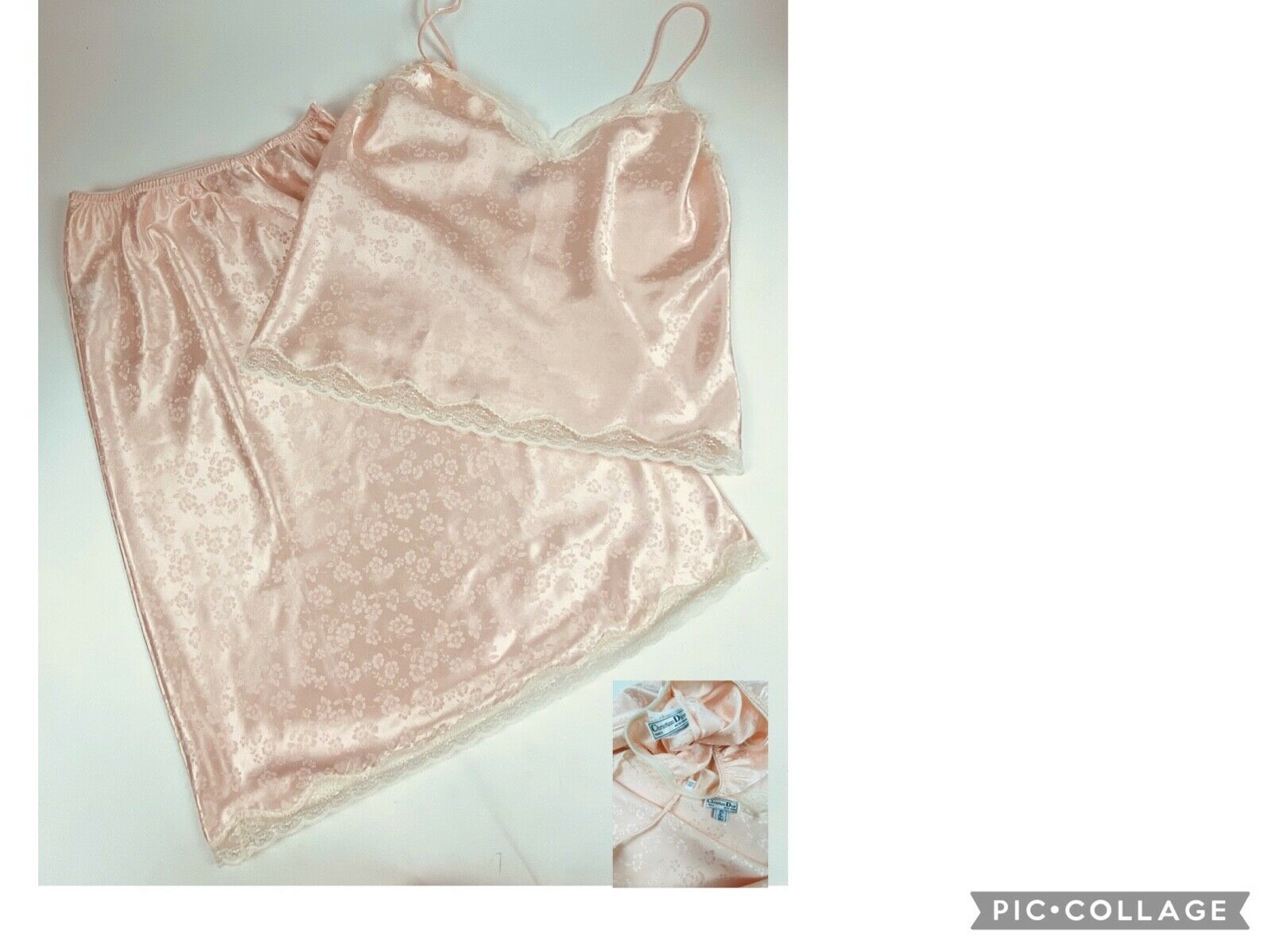 Vintage Christian Dior Satin & Lace Pink Lingerie Slip Cami Perfect! Sz. Large